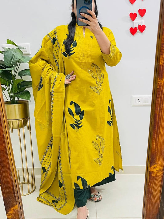 Yellow Cotton Kurti Pant Dupatta Set |