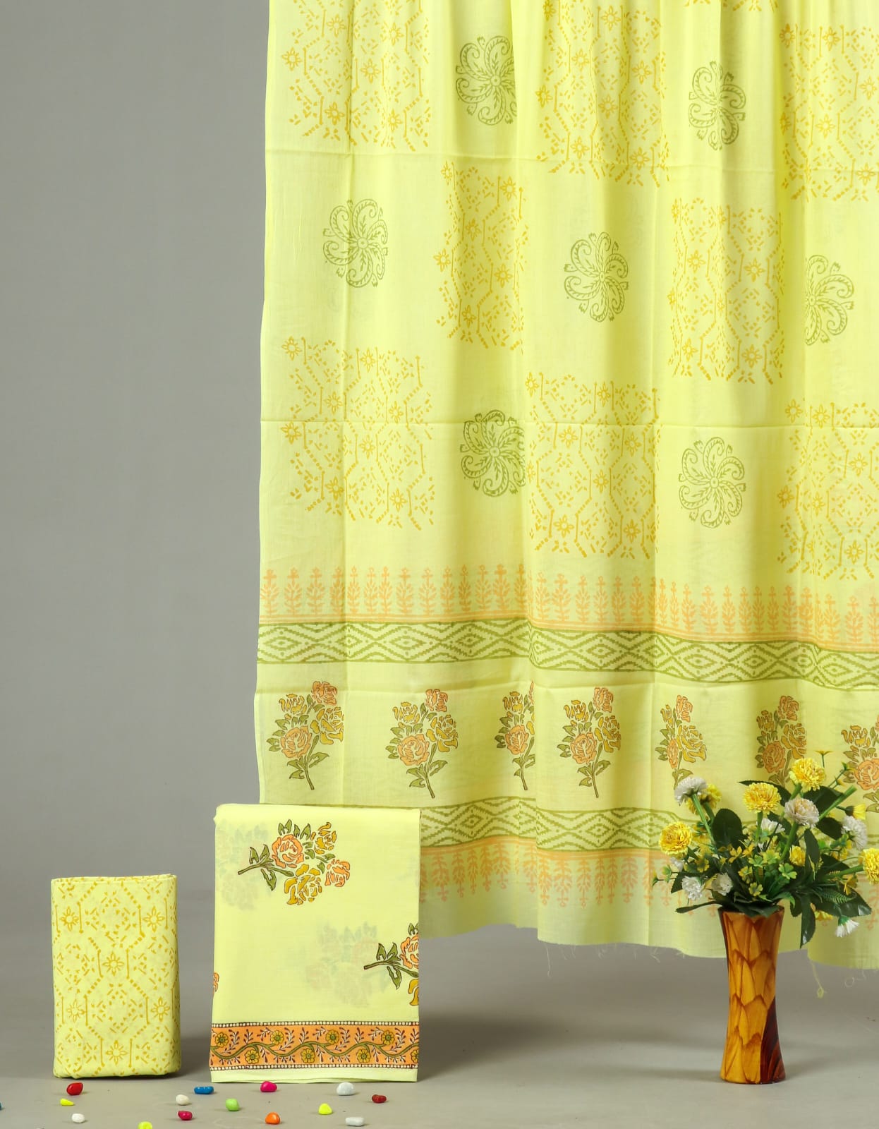 Lemon Yellow Hand Block Printed Cotton Suit Set with Floral Border | Unstitched (MVCOT85)
