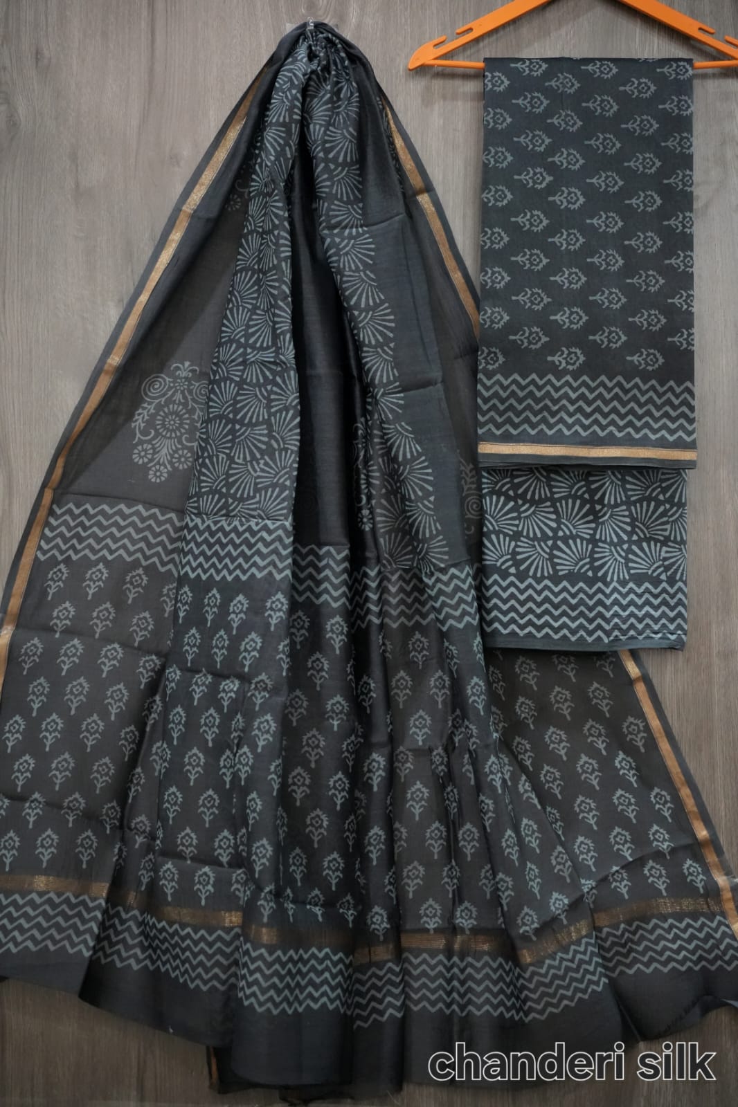 Black & Grey Hand Block Print Chanderi Silk Dress Material (MVCHS18)