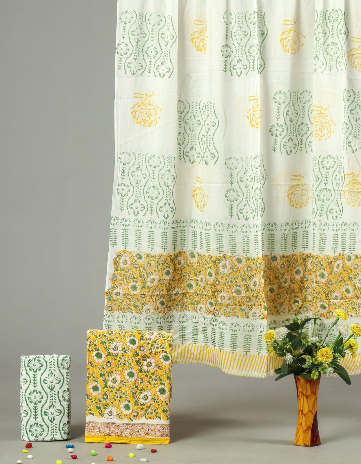 White Yellow Floral Hand Block Printed Cotton Unstitched Suit Set (MVCOT49)