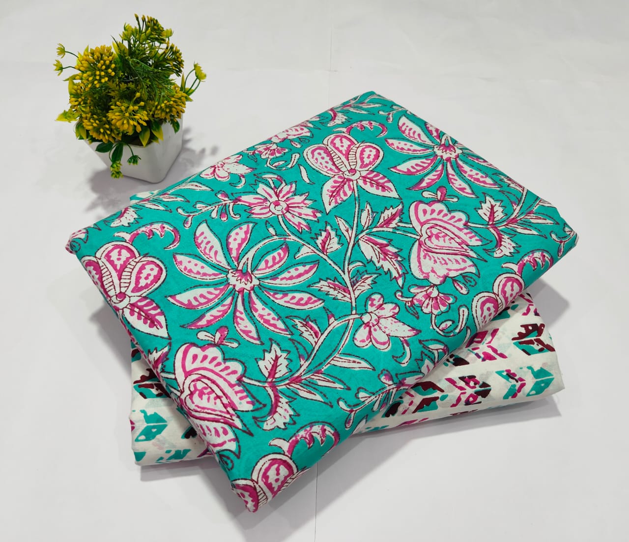 Green Cotton Fabric with Pink Floral Print – Stylish Printed Cotton Material(BFTB03)