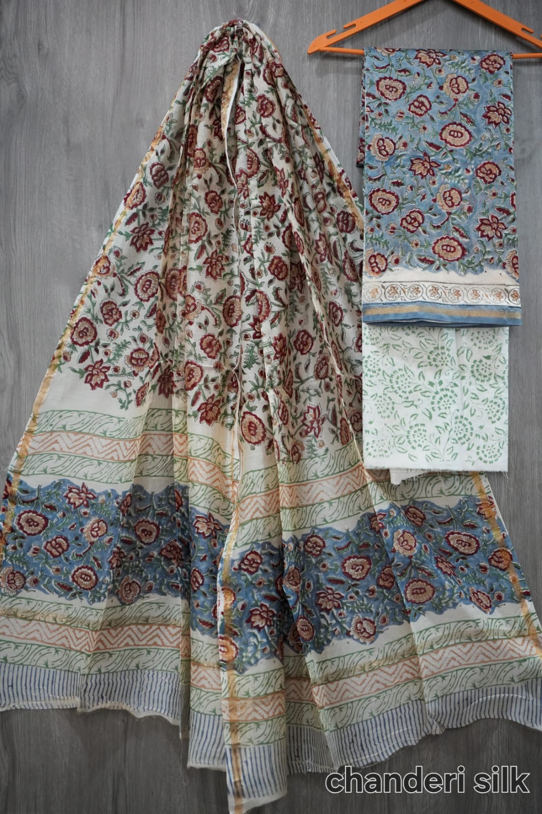 Steel Blue & Maroon Large Floral Jaal Hand Block Print Chanderi Silk Dress Material (MVCHS22)