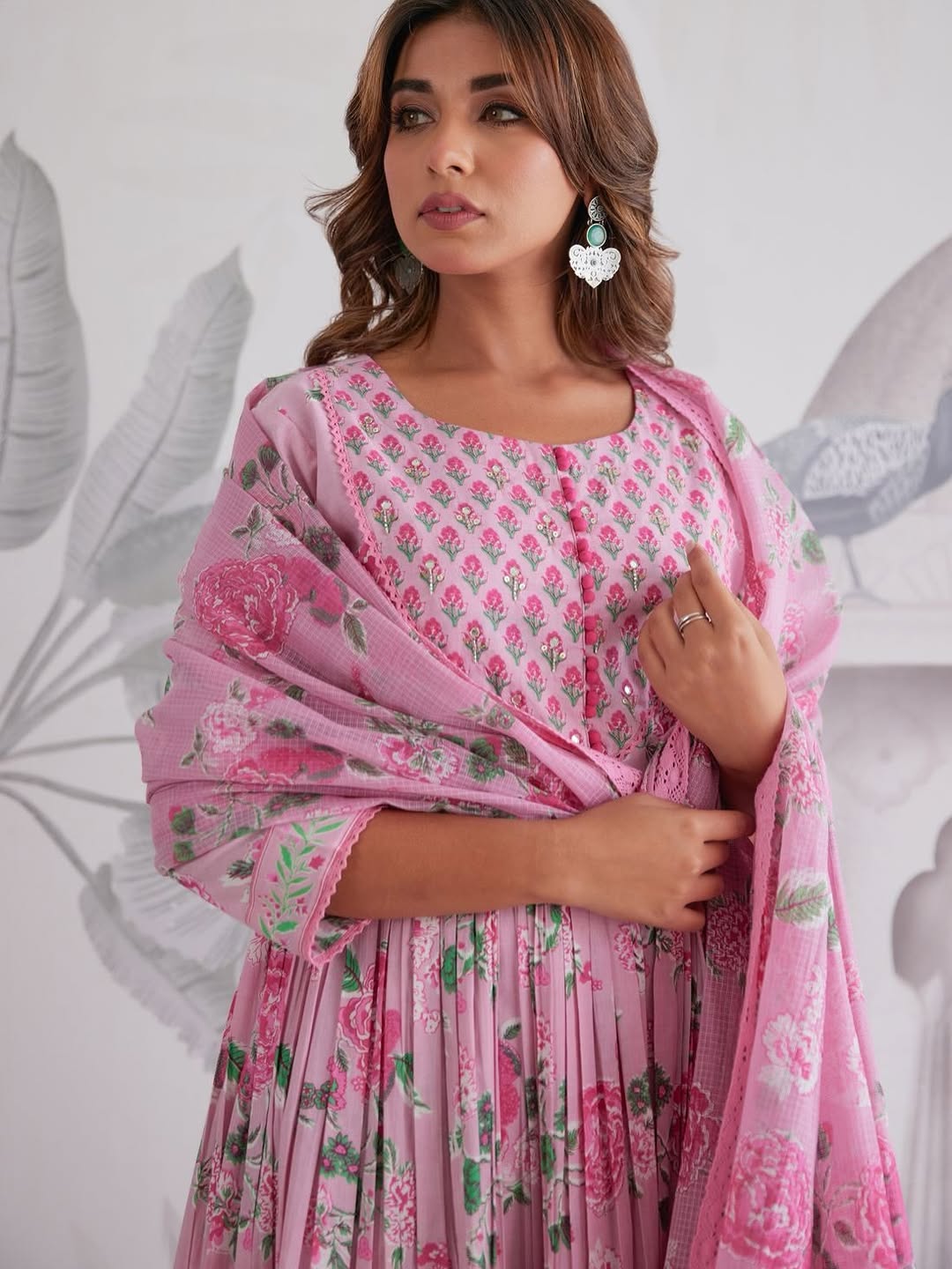 Pink Floral Printed Anarkali Suit Set for Women with Dupatta