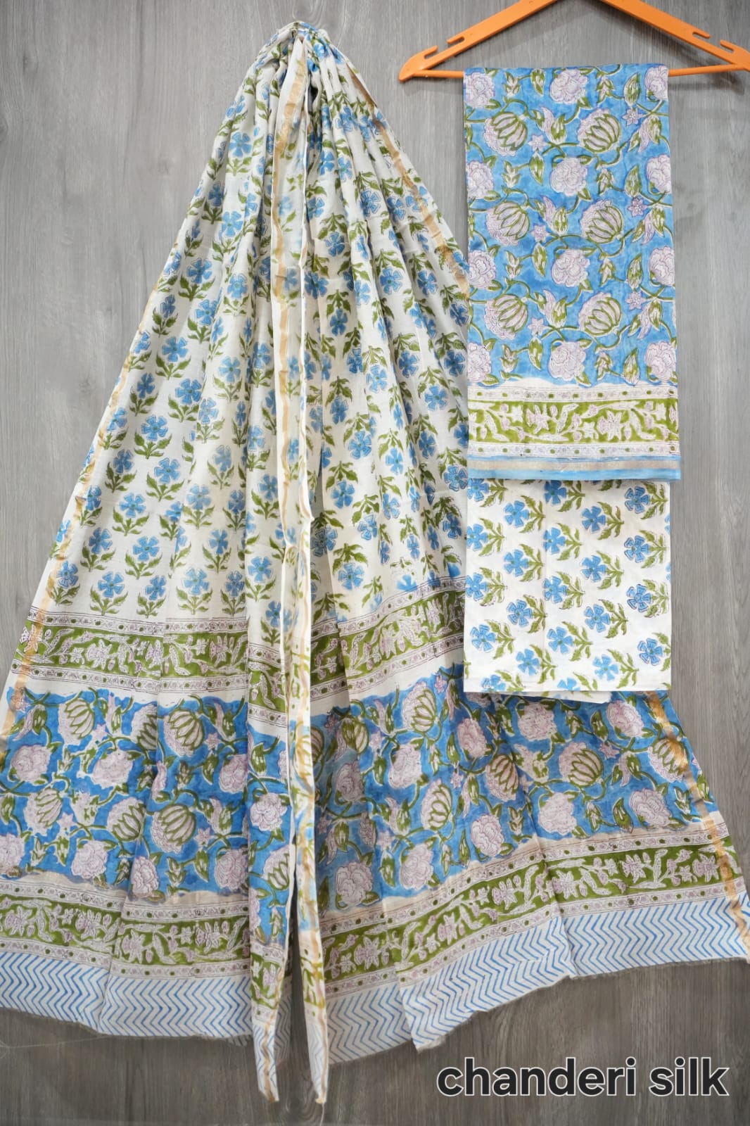 Sky Blue & Olive Green Lotus Floral Hand Block Print Chanderi Silk Dress Material (MVCHS20)