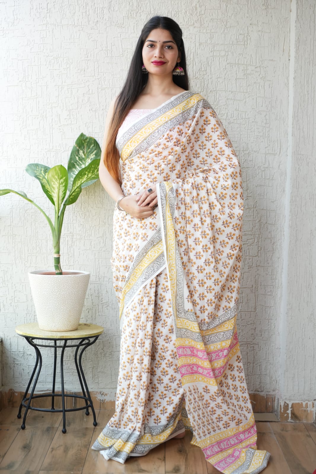 Cream Yellow Hand Block Printed Cotton Saree with Blouse (MVCS68)