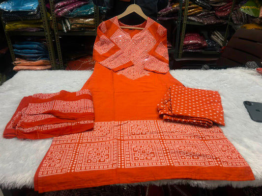 Rust Orange Bandhani Print Cotton Kurti Palazzo Dupatta Set
