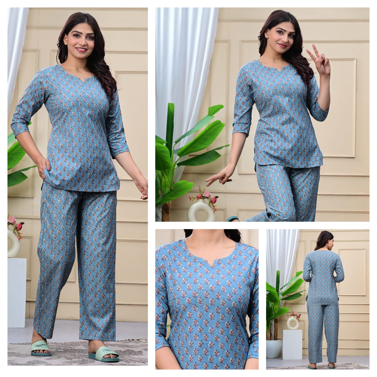 Sky Blue Cotton Night Suit for Women (MVNS15)