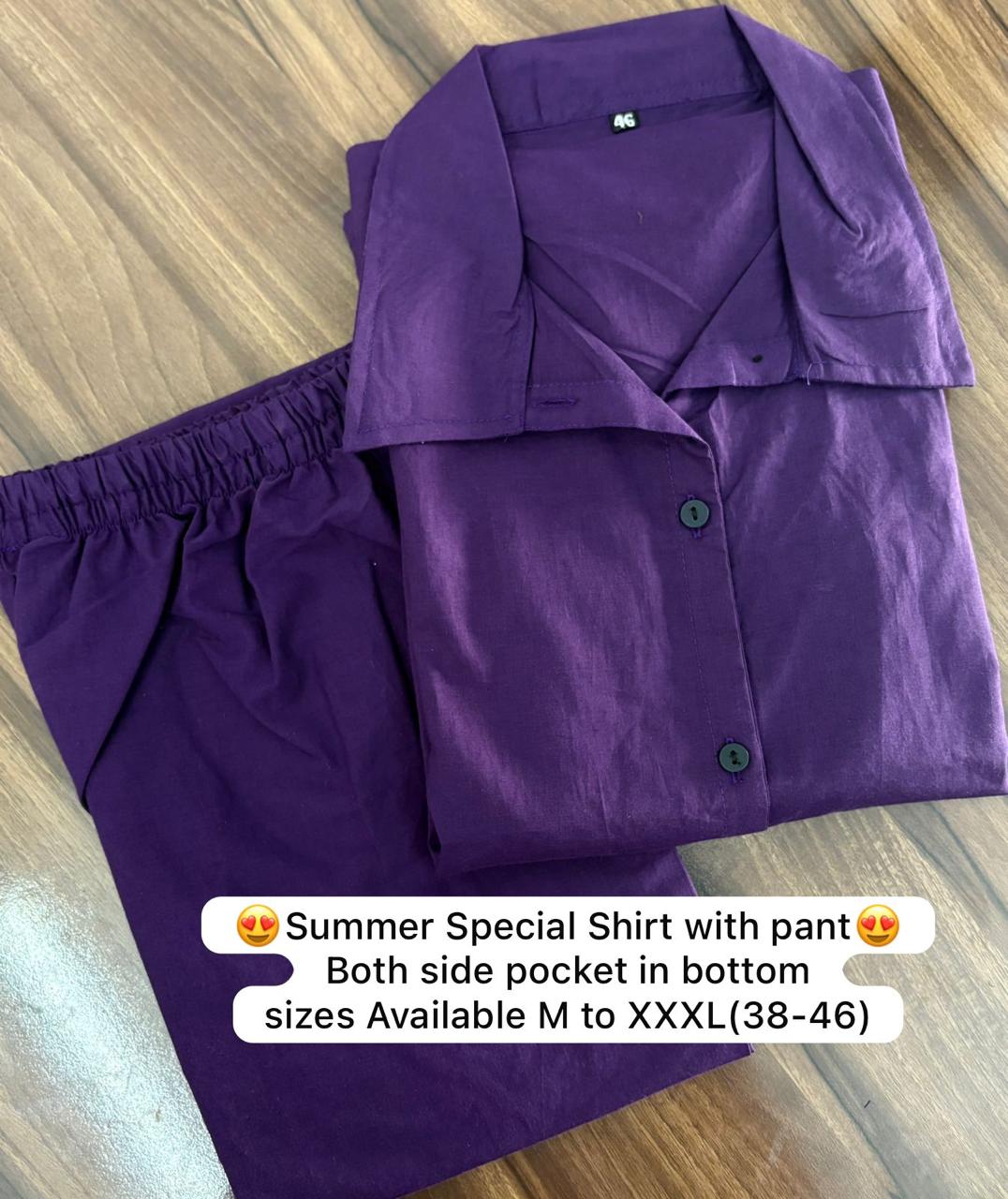 Deep Purple Pure Cotton Coord Set | Shirt & Wide Leg Pant |