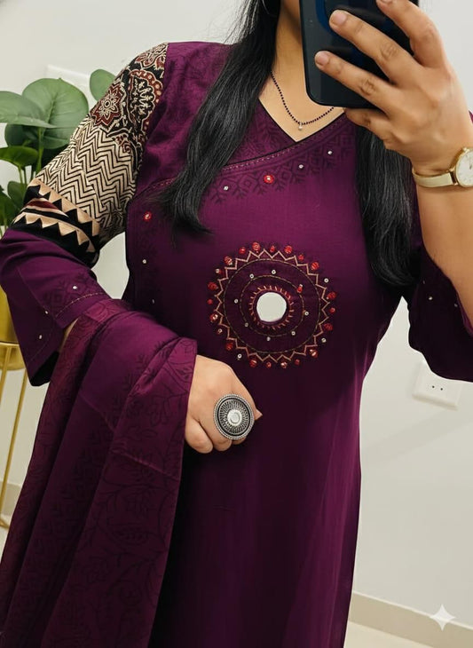 Royal Purple Cotton Kurti Pant Dupatta Set for Women