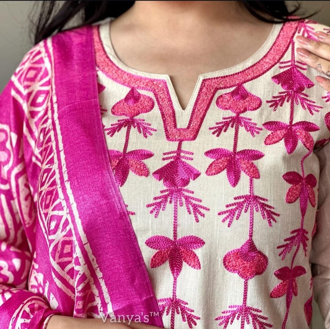 Off White Pink Handloom Cotton Kurti Pant Dupatta Set with Aari Embroidery