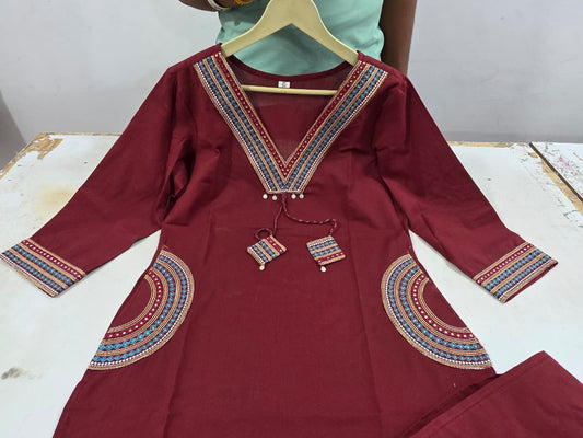 Wine Maroon Hand Work Cotton Kurta Pant Set | Ethnic Neck Embroidery