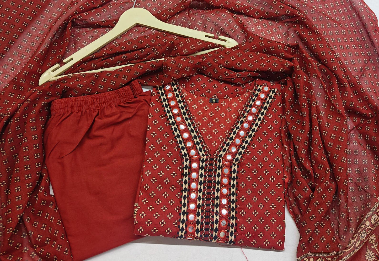 Maroon Heavy Cotton Anarkali Kurti Set | Hand Block Print | Mirror Neck Work