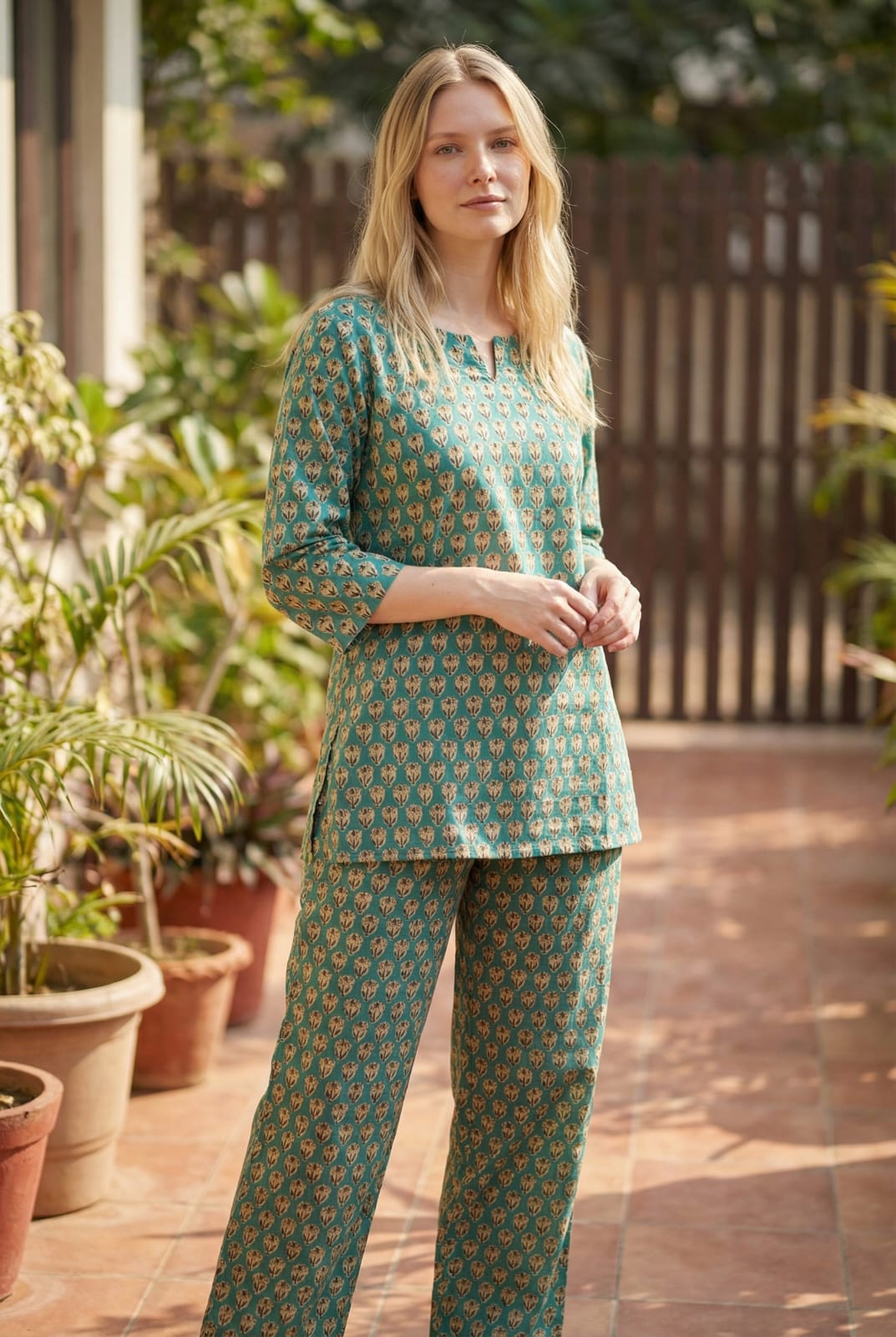 Teal Green Cotton Night Suit for Women | Stylish Printed Set (MVNS54)
