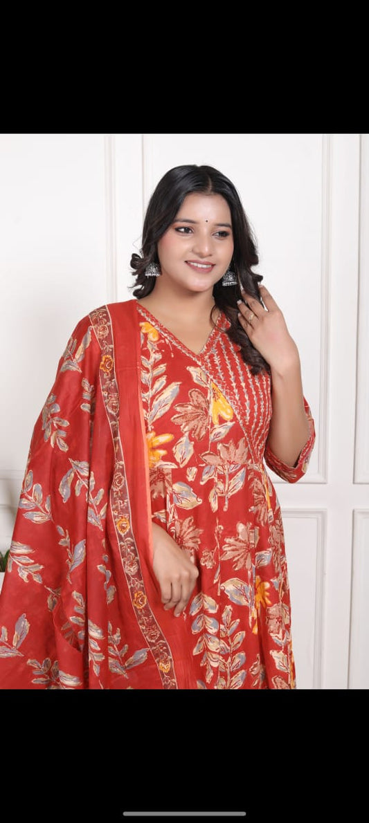 Red Floral Printed Cotton Kurti Pant Dupatta Set for Women