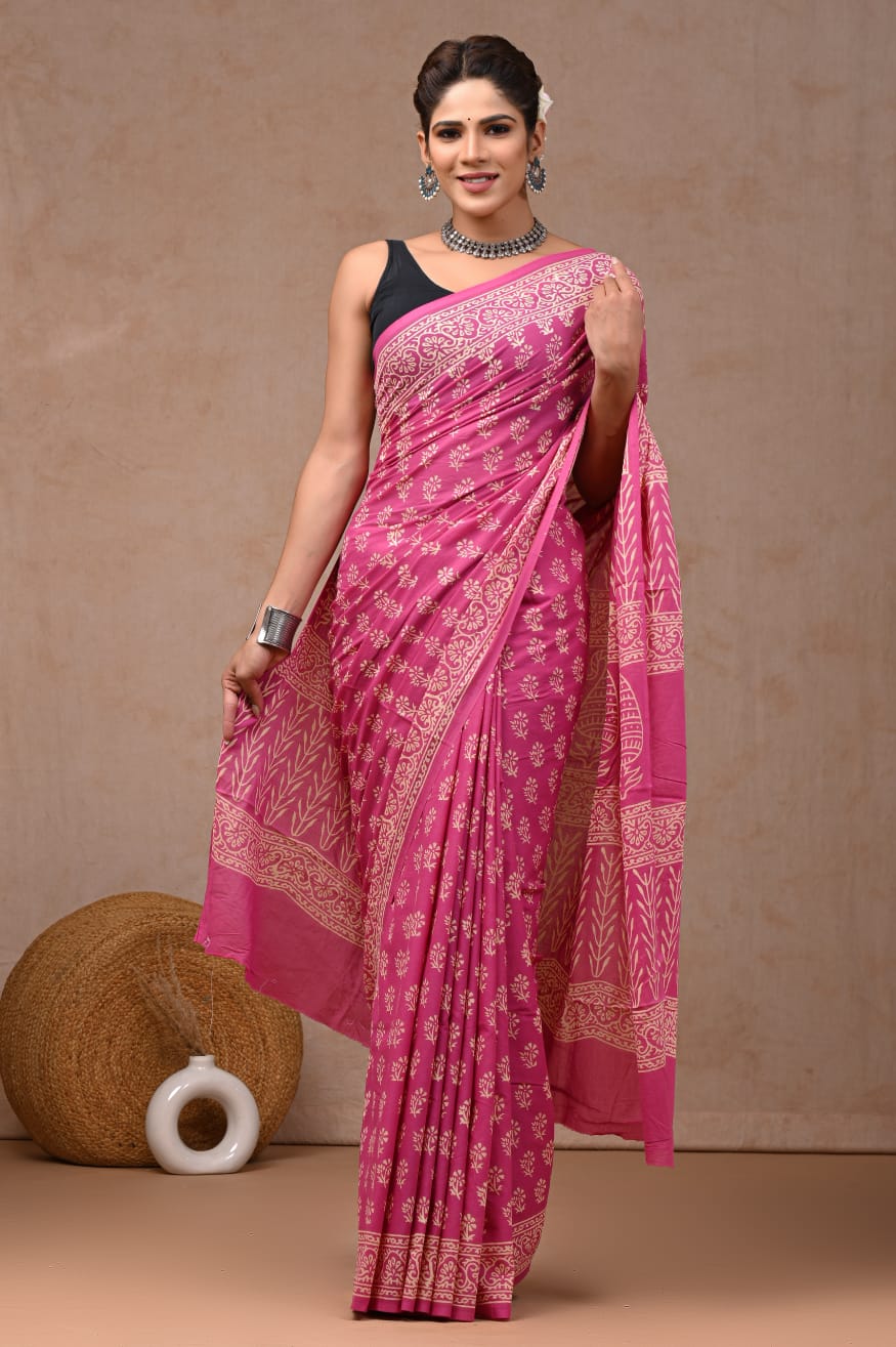 Rani Pink Hand Block Printed Cotton Saree with Blouse (MVCS66)
