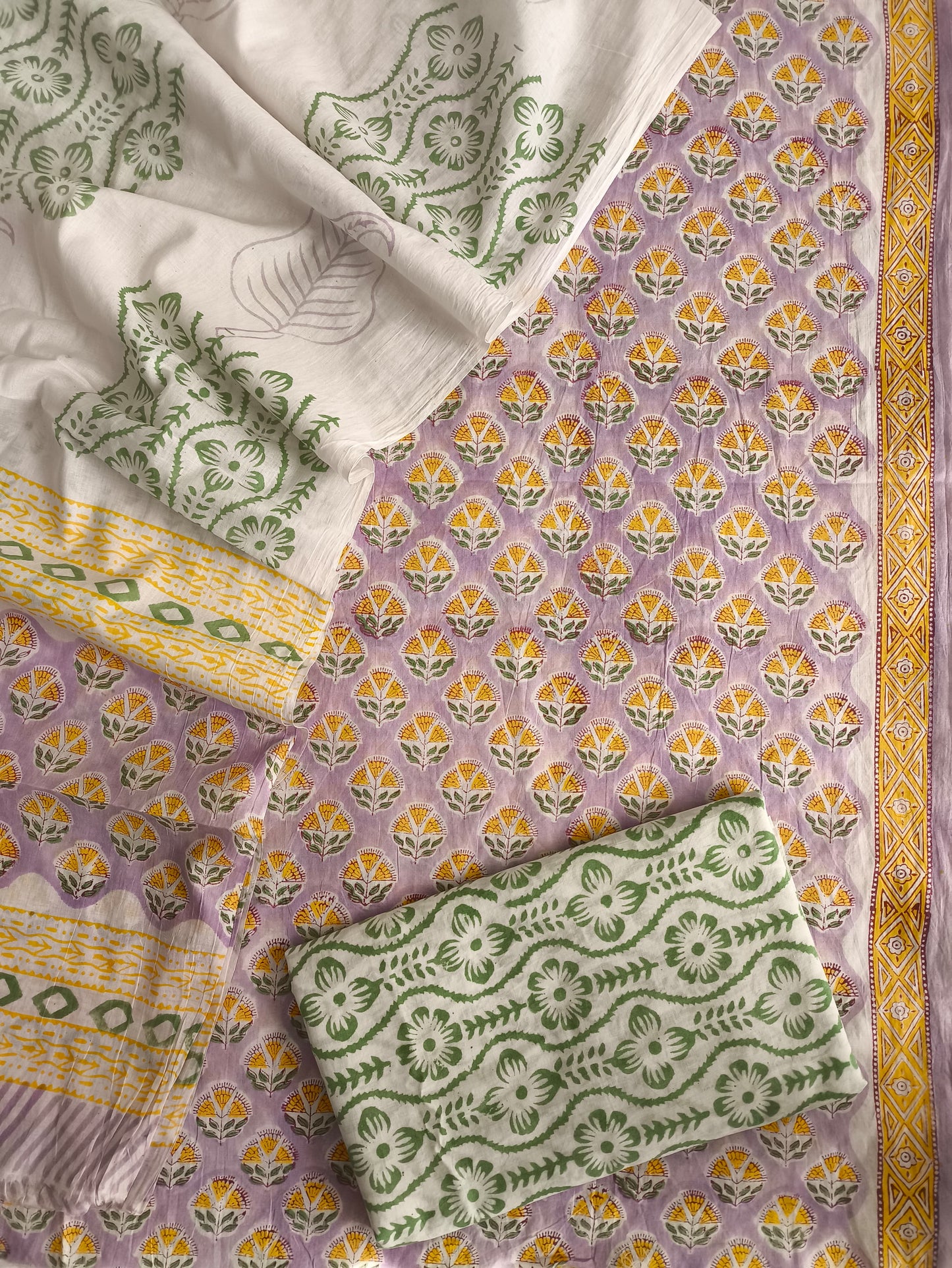 Green Lavender Hand Block Printed Cotton Suit Set Unstitched (MVCOT24)