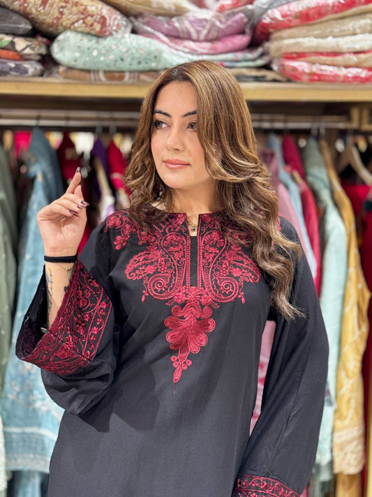 Black Embroidered Cotton Suit with Organza Dupatta |
