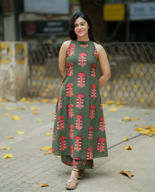 Dark Green Printed Cotton Kurta Palazzo Set | Trendy Halter Neck A-Line Kurti Set
