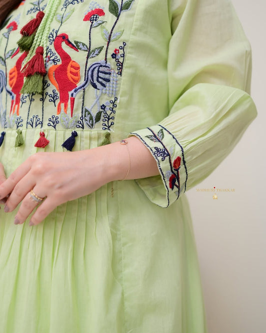 Light Green Cotton Embroidered Kurti Pant Set | Elegant Ethnic Wear for Women