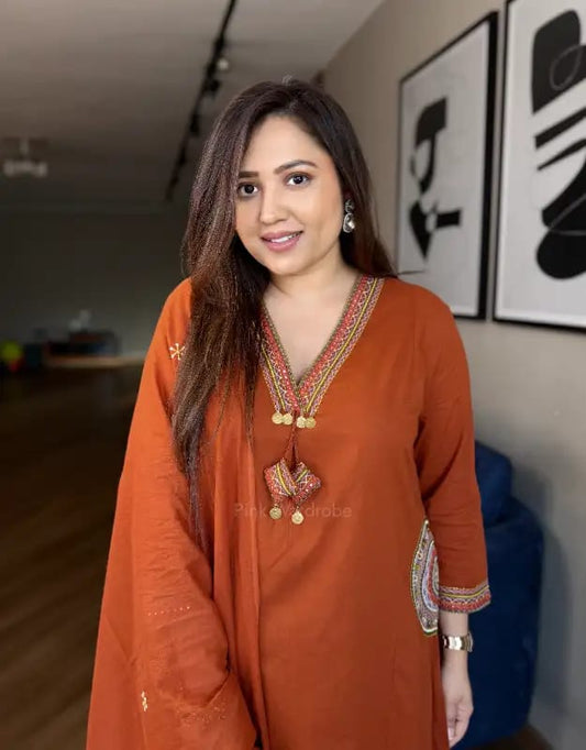 Rust Orange Cotton Kurti Pant Dupatta Set with Embroidery for Women