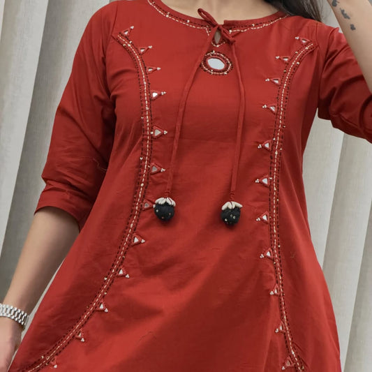 Rust Red Embroidered Kurti with Pant & Malmal Dupatta