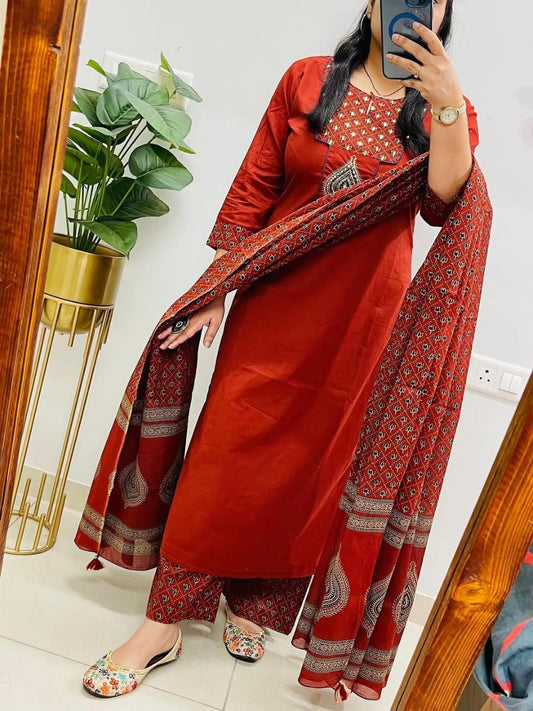 Red Cotton Kurti Pant Dupatta Set for Women