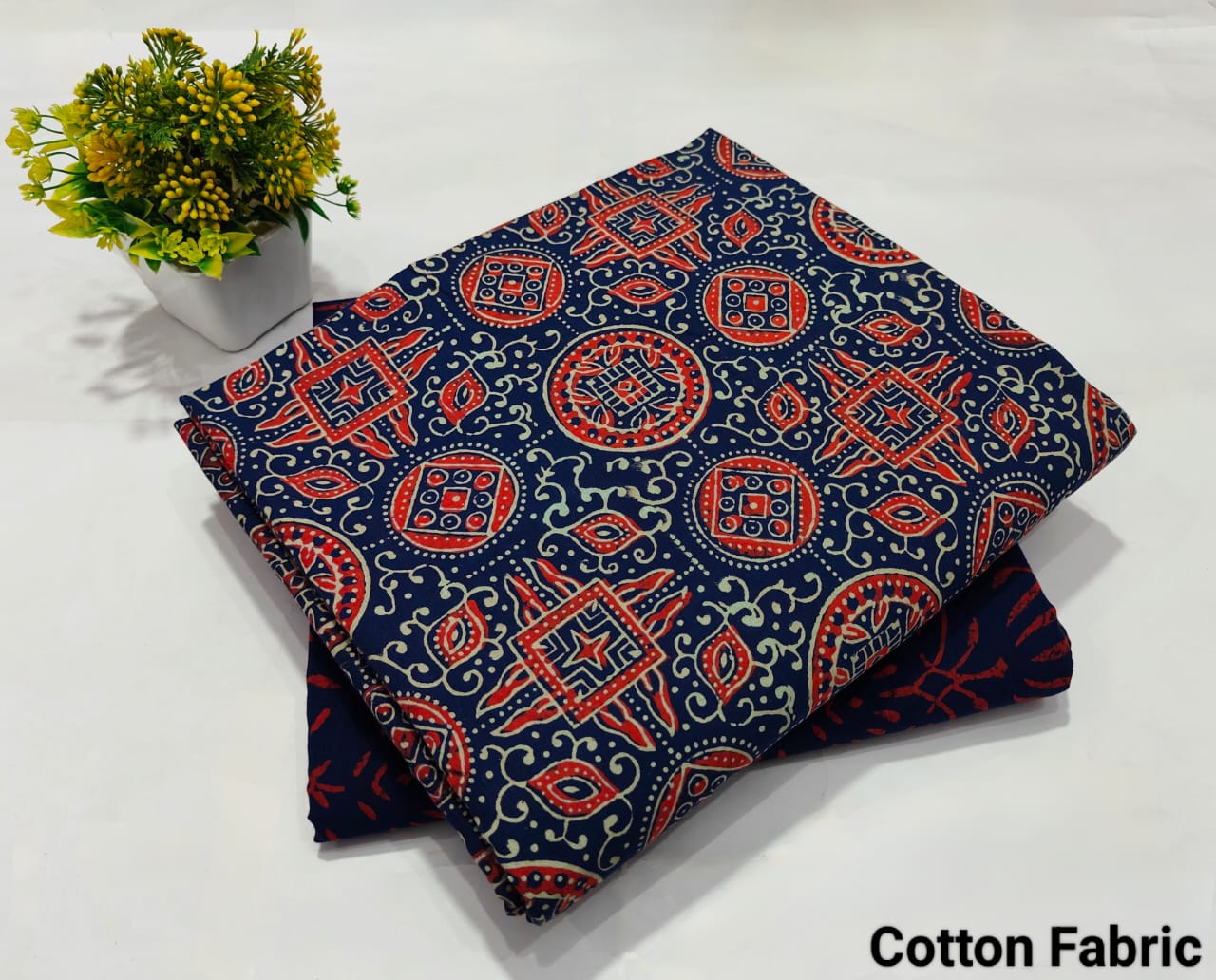 Navy Blue Ajrakh Print Cotton Fabric – Traditional Designer Material(MVTB55)