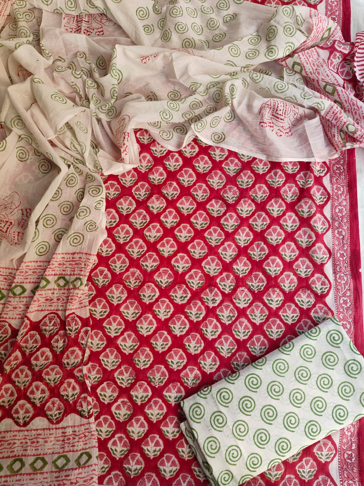 Red Hand Block Printed Cotton Suit Set with Dupatta | Ethnic Dress Material (MVCOT82)