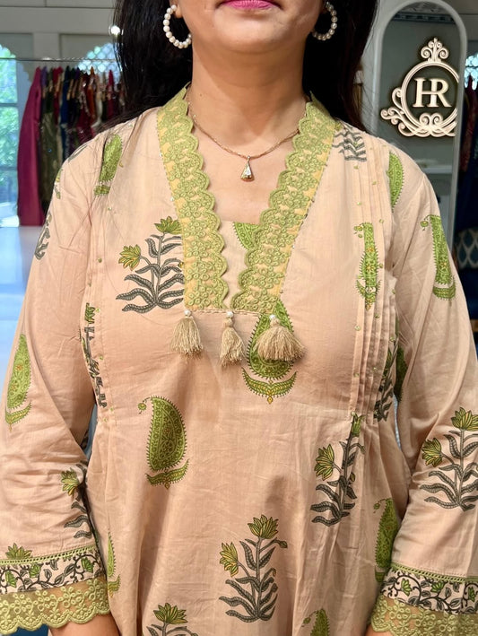 Cream & Olive Green Paisley Block Print Cotton Kurti Palazzo Dupatta Set