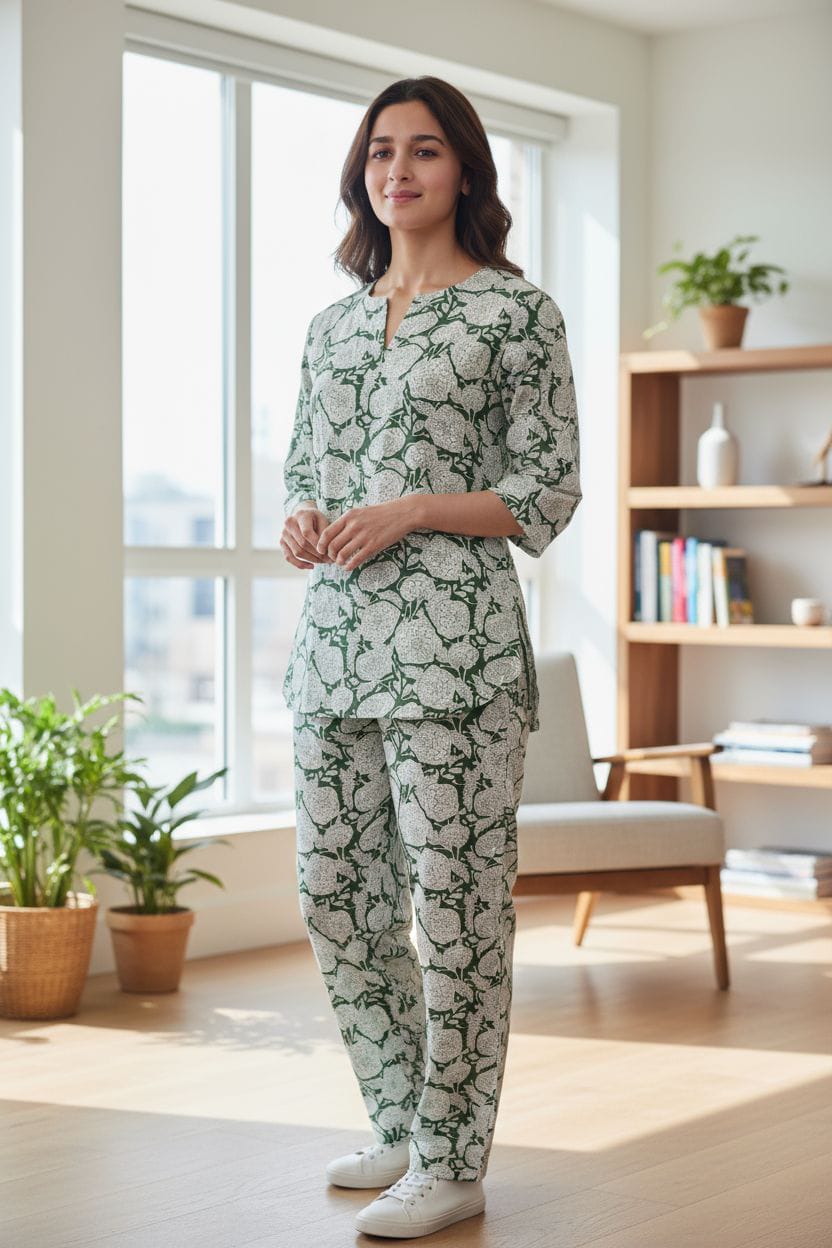 Green Leaf Printed Cotton Night Suit for Women | Trendy Nightwear (MVNS53)