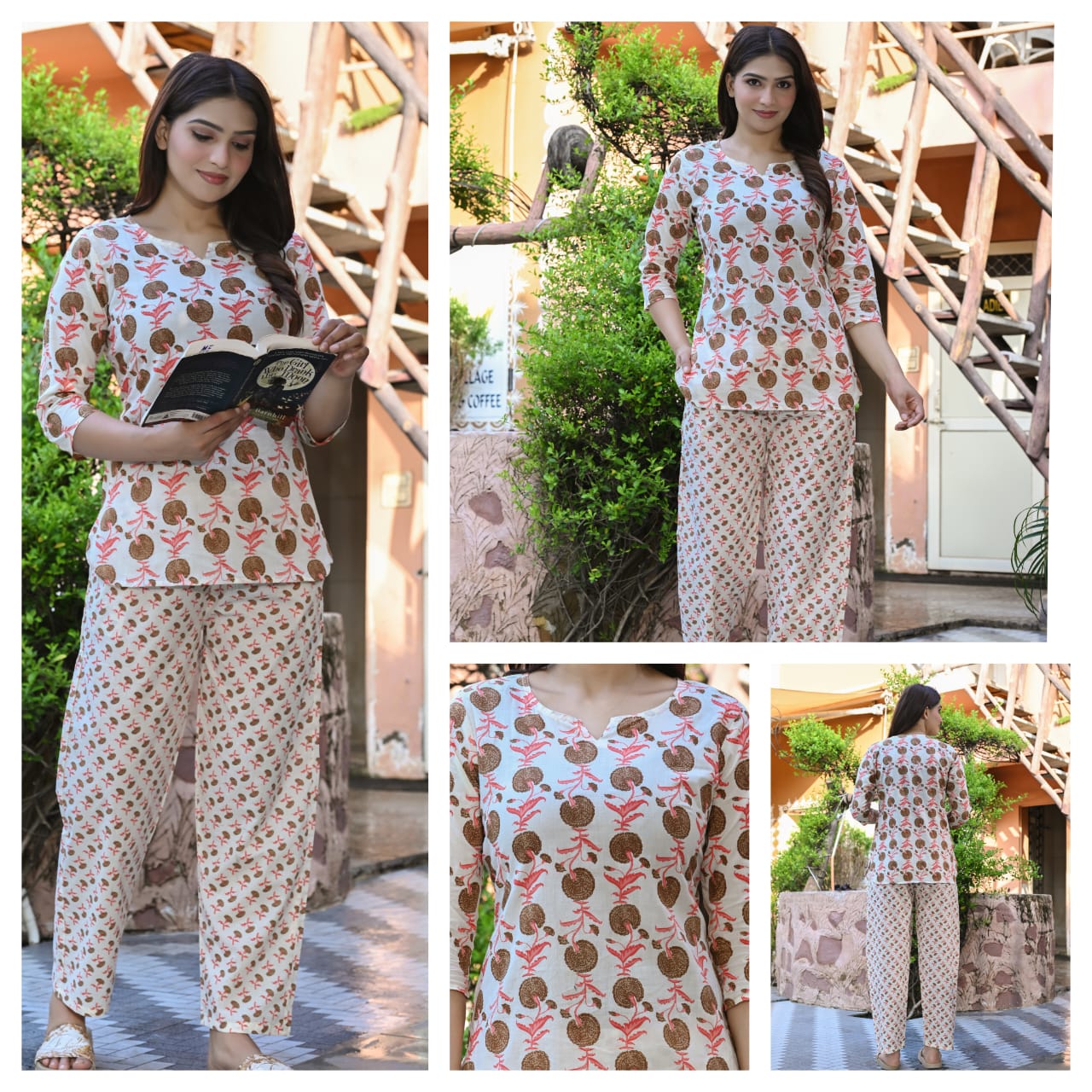 Off White Printed Cotton Night Suit for Women | Stylish Nightwear (MVNS29)