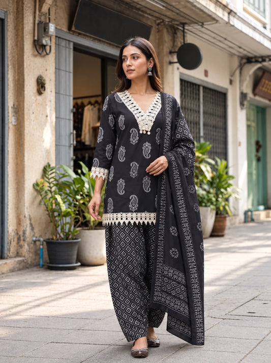 Black Printed Cotton Kurta Palazzo Set for Women