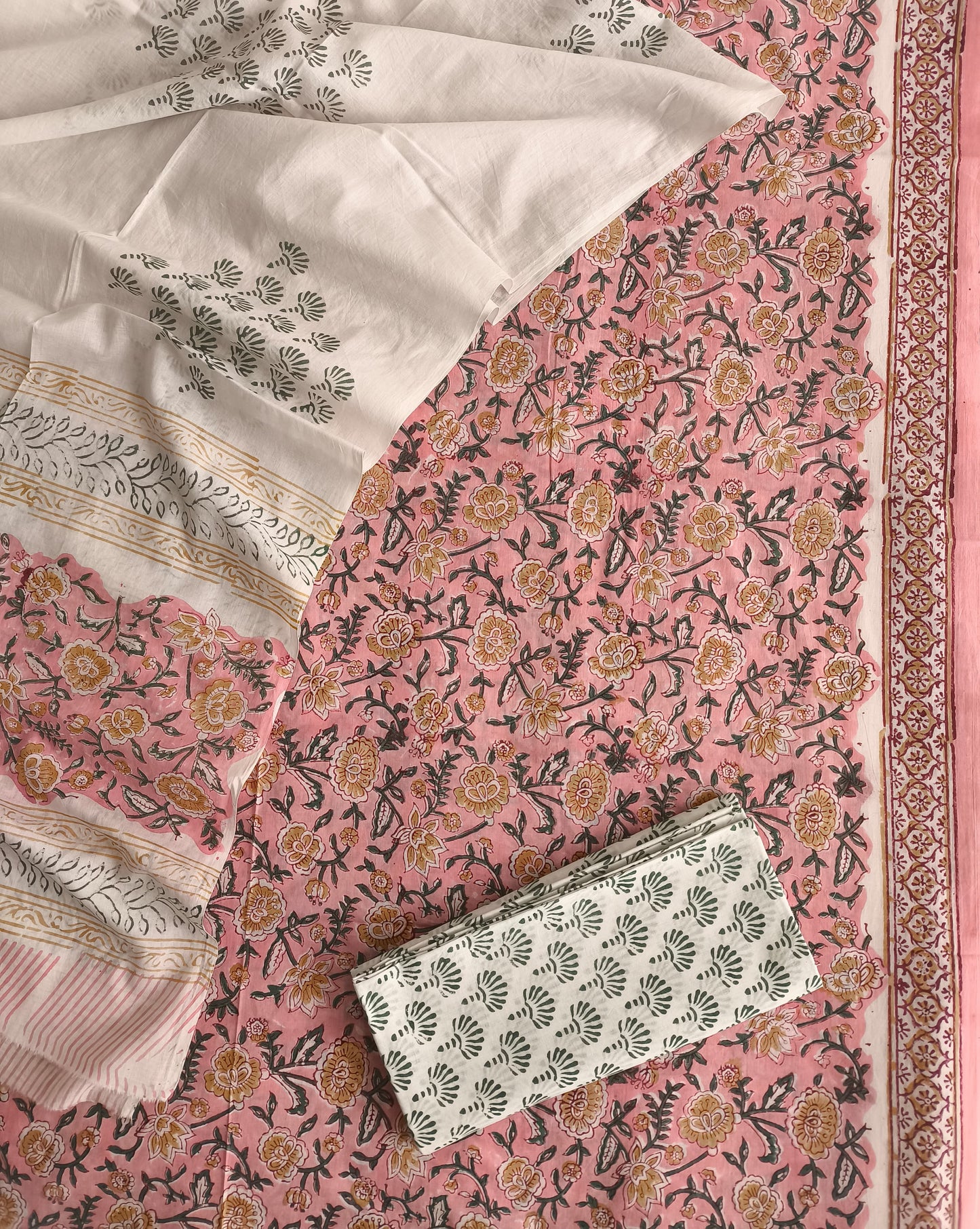 Peach Green Hand Block Print Cotton Suit Set | Floral Designer Wear (MVCOT06)