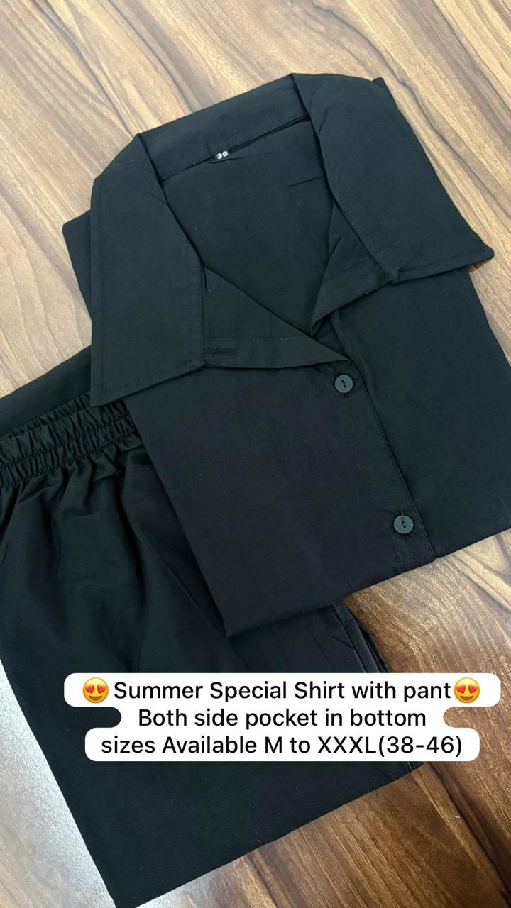 Black Pure Cotton Coord Set | Shirt & Wide Leg Pant