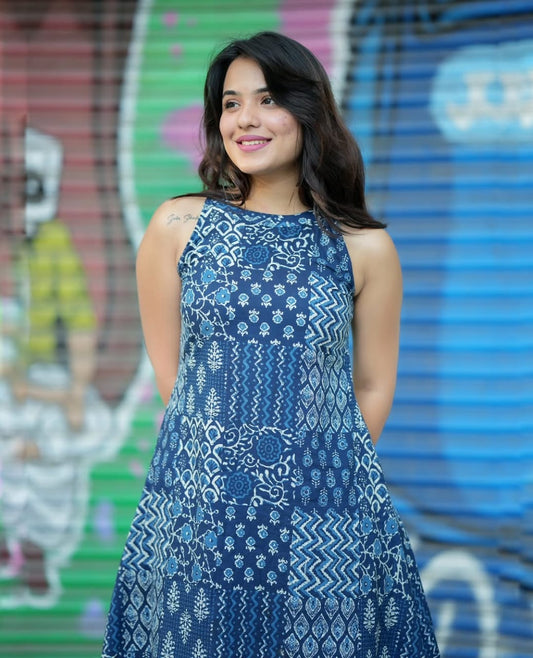 Blue Printed Cotton Kurta Palazzo Set for Women | Stylish A-Line Halter Neck Co-Ord Set
