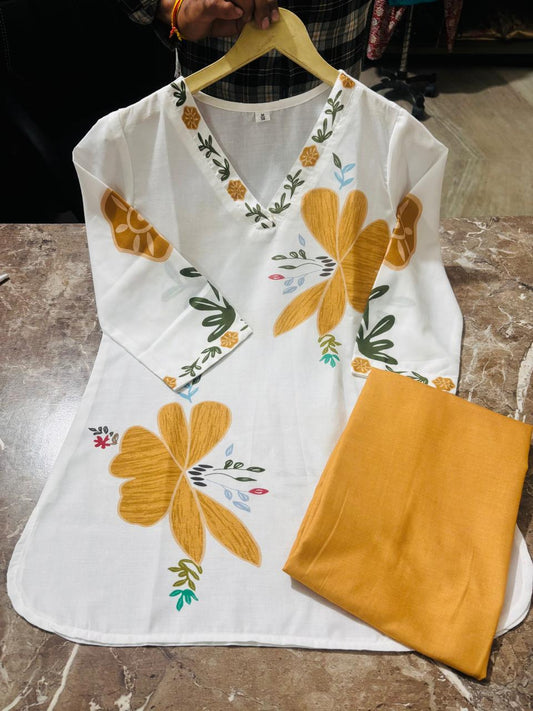 Mustard Yellow Floral Kurti Plazo Set | Mul Cotton
