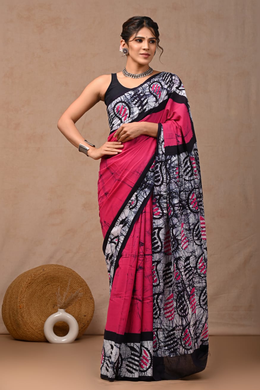 Pink Black Hand Block Printed Cotton Saree with Blouse (MVCS87)