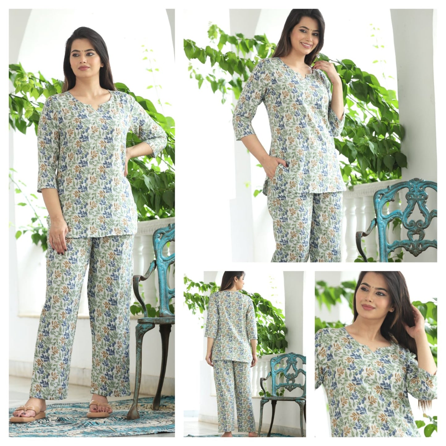 Green Floral Cotton Night Suit for Women (MVNS06)