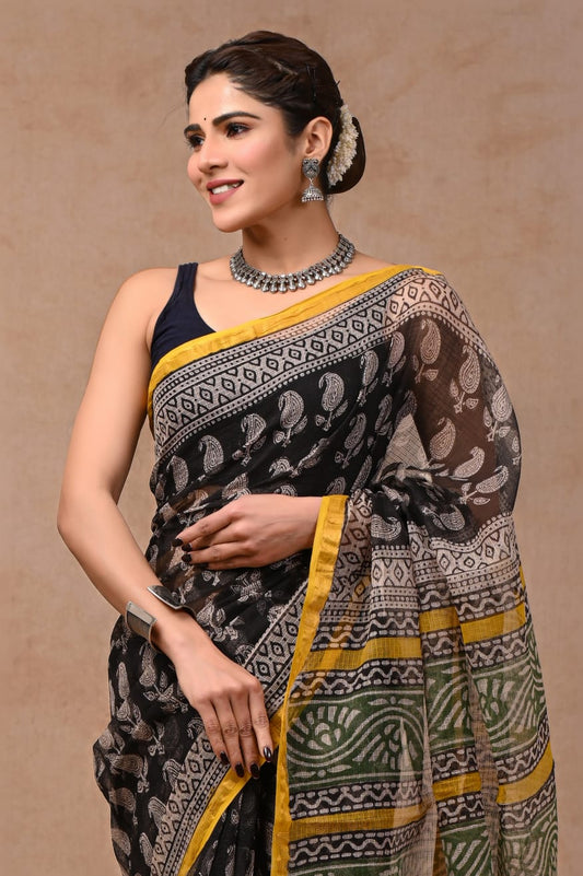 Black Kota Doriya Saree | Paisley Boota Hand Block Print (MVKS61)