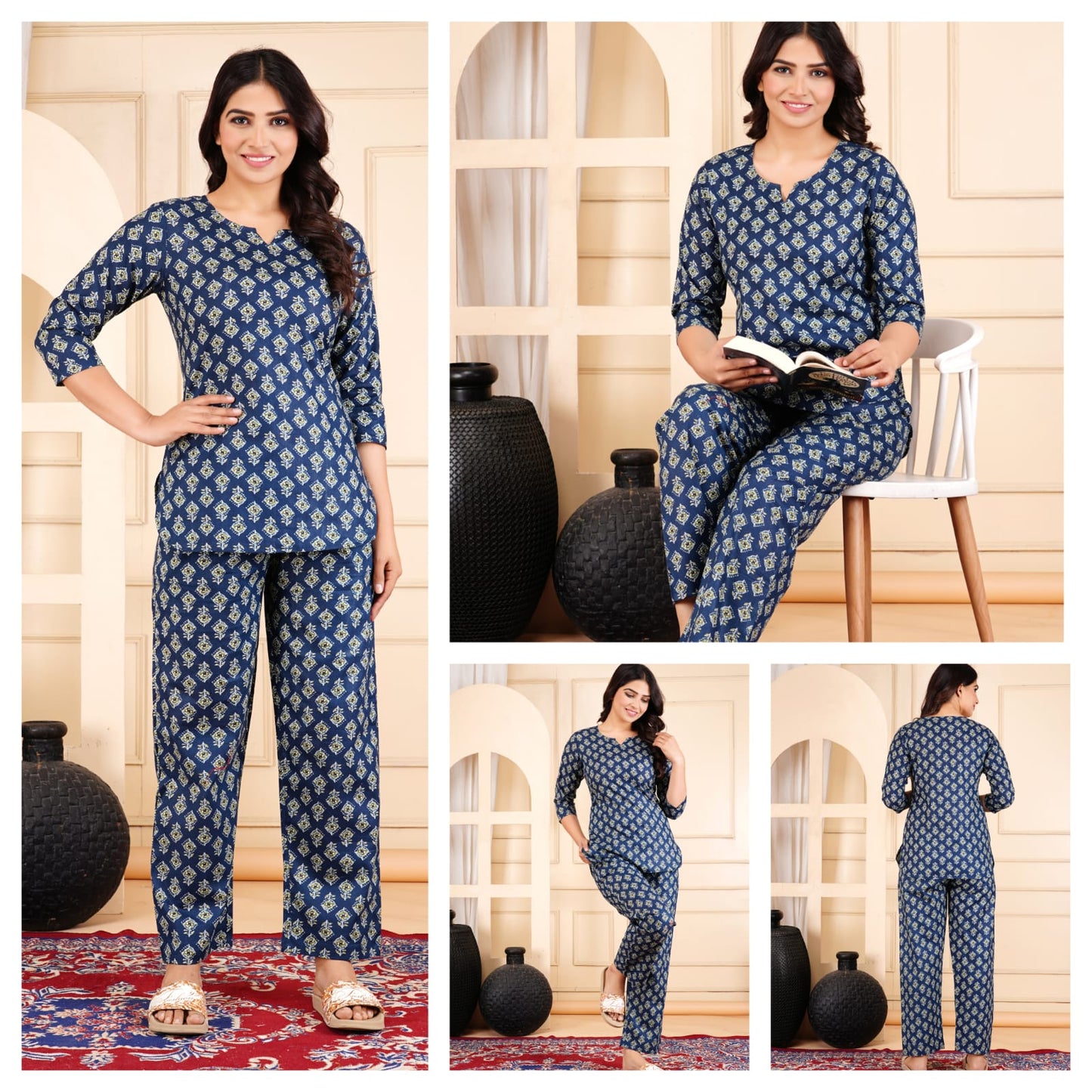 Dark Blue Printed Cotton Night Suit for Women (MVNS02)