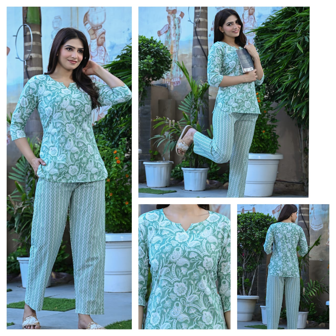 Green Floral Cotton Night Suit for Women | Soft & Breathable Nightwear (MVNS21)