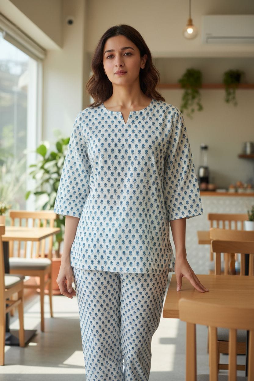 Cream Blue Printed Cotton Night Suit for Women | Soft Daily Wear (MVNS48)