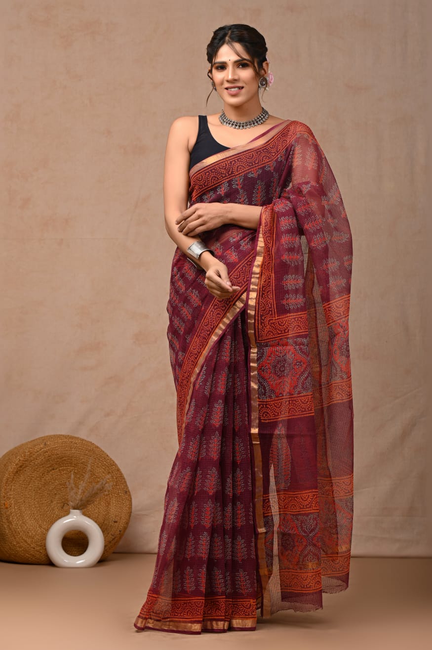 Deep Maroon Purple Kota Doriya Saree | Ajrak All-Over Hand Block Print (MVKS68)