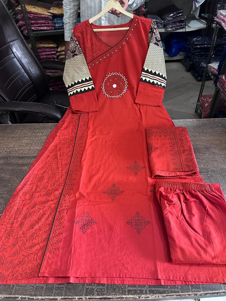 Classic Red Cotton Kurti Pant Dupatta Set for Women