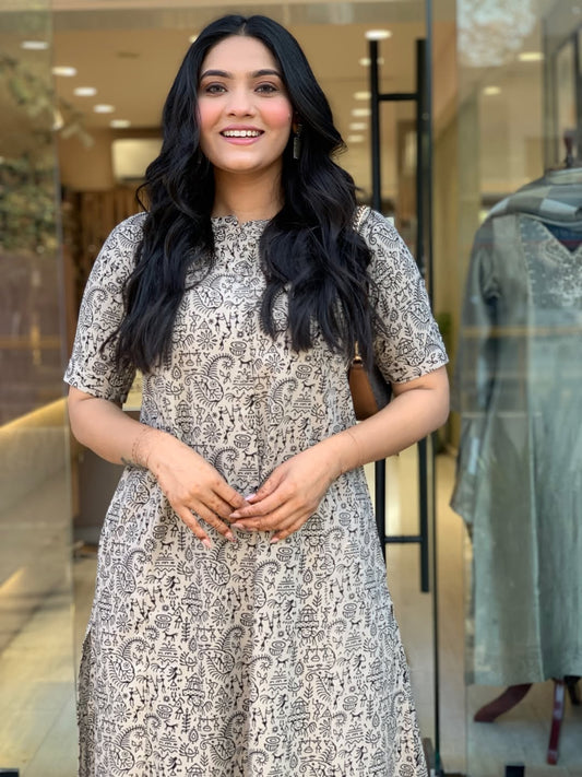 Beige & Black Warli Print Cotton A-Line Kurta Wide Palazzo Set