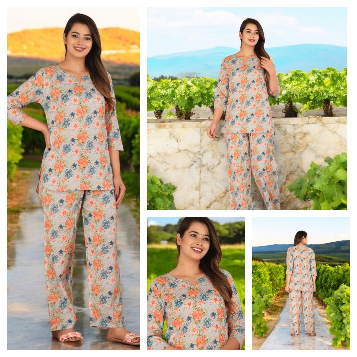 Peach Grey Floral Cotton Night Suit for Women | Elegant Nightwear (MVNS25)