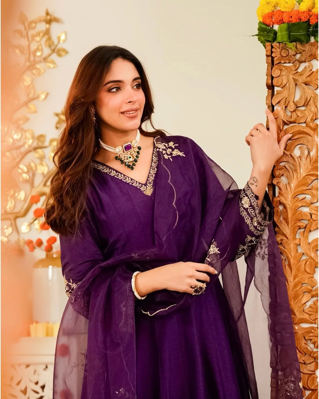 Purple Chinon Silk Anarkali Kurti Pant Dupatta Set for Women