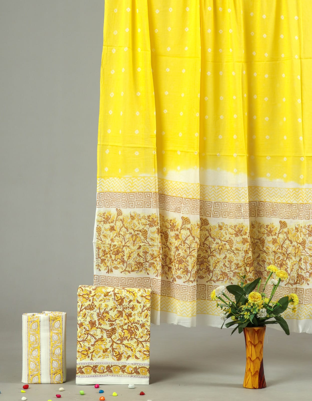 Yellow Ethnic Printed Cotton Unstitched Suit Set with Dupatta (MVCOT67)