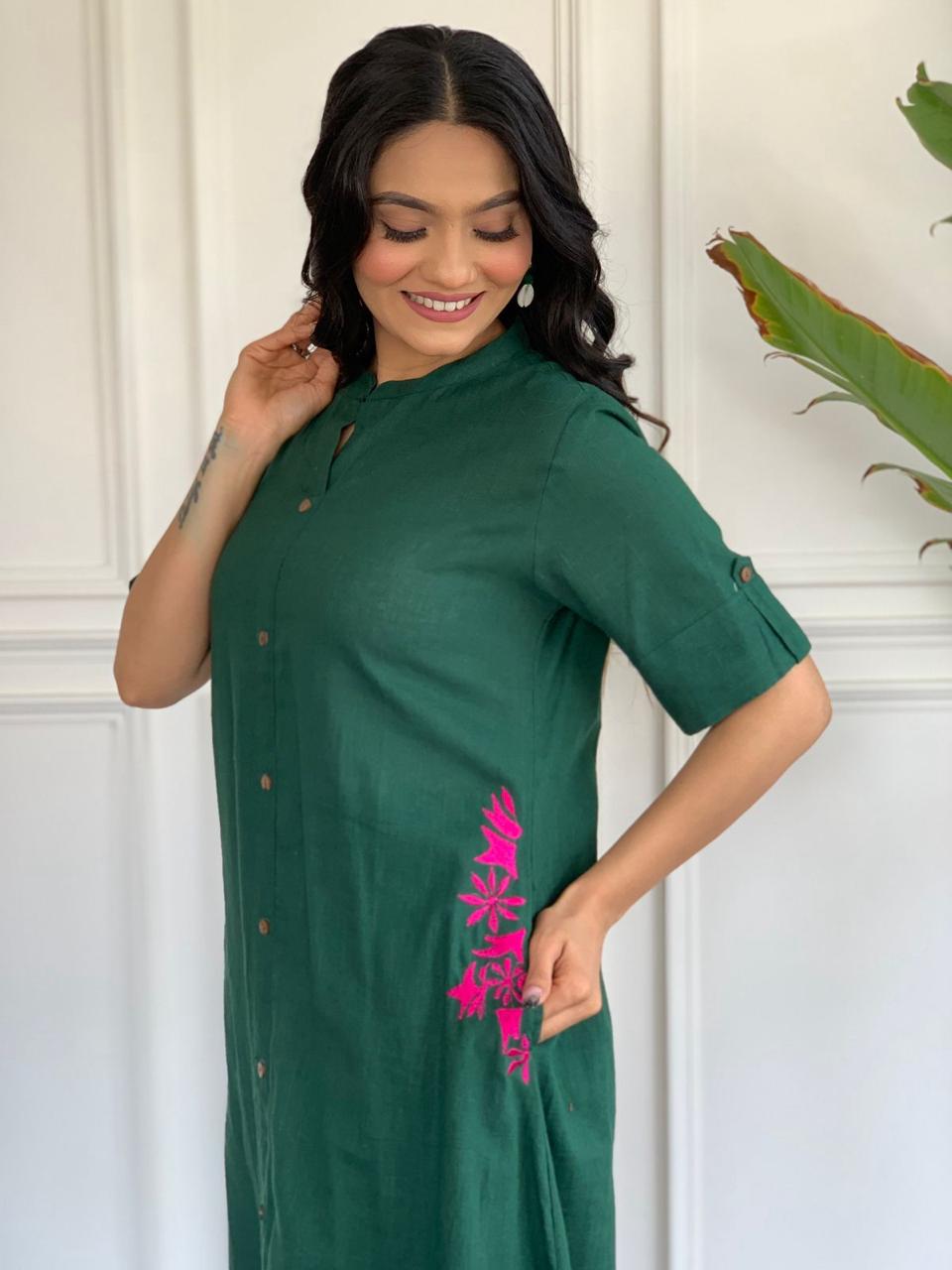 Dark Green South Cotton Kurta Set with Hand Embroidery | Premium A-Line Cotton Plazo Set
