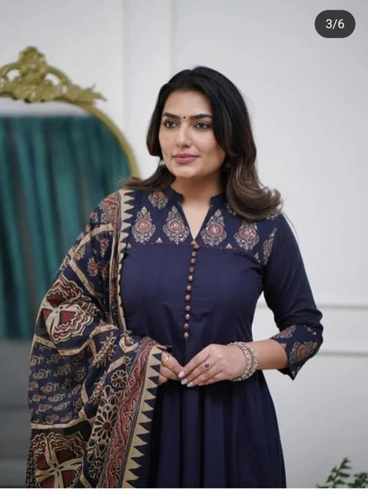 Navy Blue Cotton Anarkali Suit